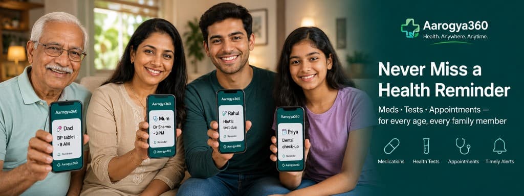 Never miss a health reminder β Meds, Tests, and Appointments for every age and family member on Aarogya360